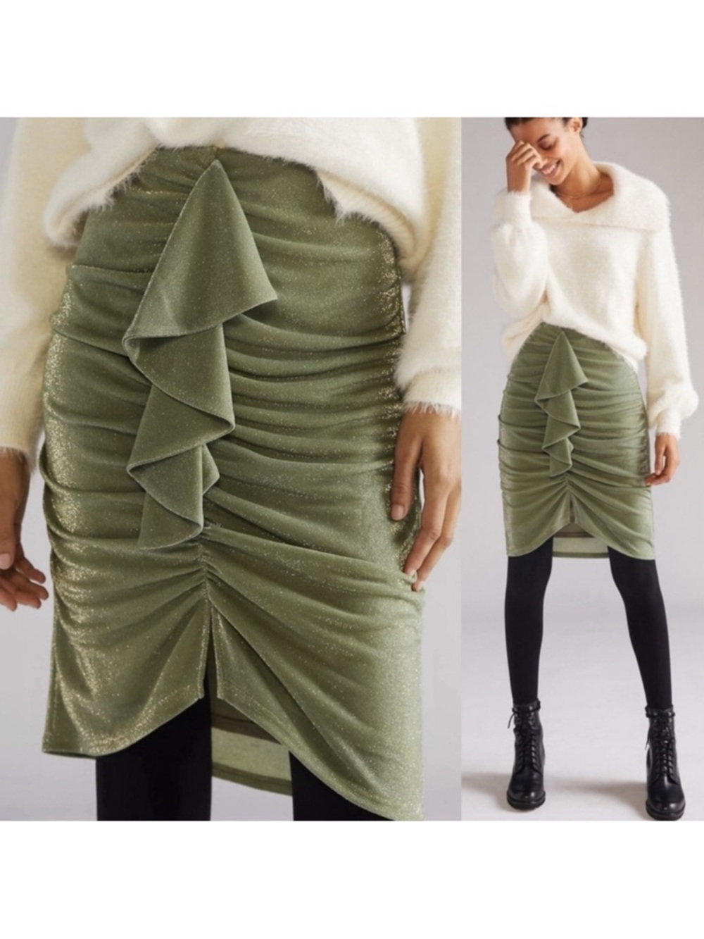 Anthropologie | Mare Mare Ruched Ruffled Mini Skirt Moss Green Sparkle XS NWT